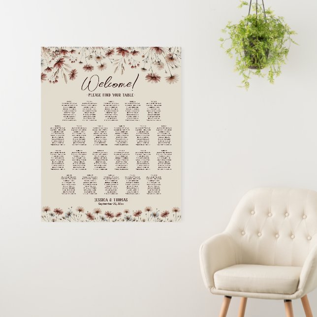 Boho Wildflowers 22 Table Wedding Seating Chart Foam Board (In Situ (Wall))
