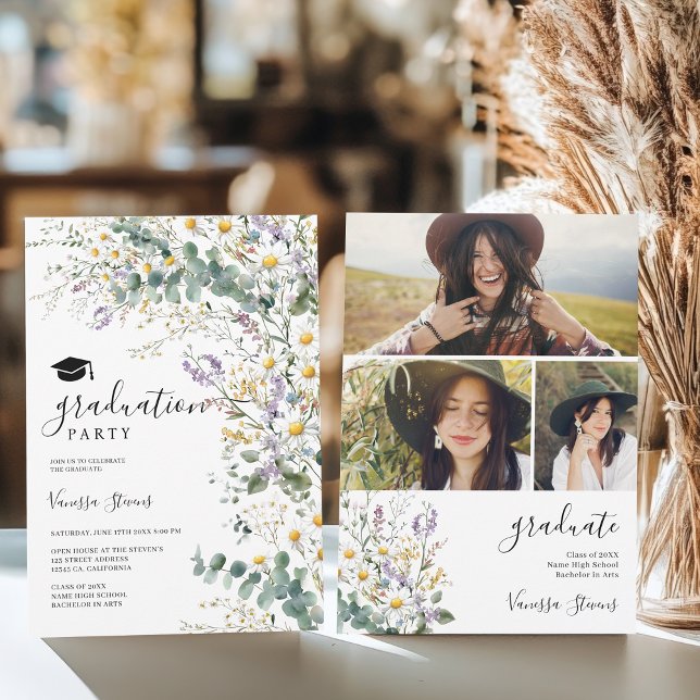 Boho Wildflowers  3 Photos Pretty Graduation Invitation (Boho Wildflowers 3 Photos Pretty Graduation Invitation)