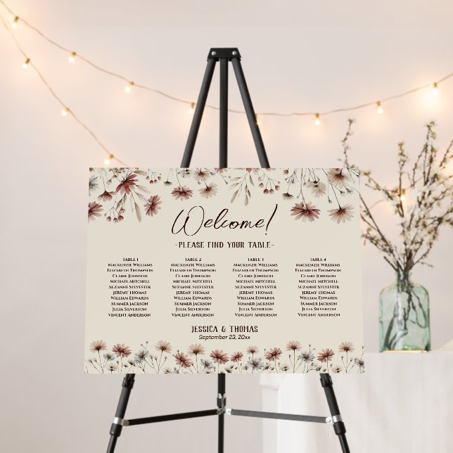 Boho Wildflowers 4 Table Wedding Seating Chart Foam Board (In Situ (Stand))