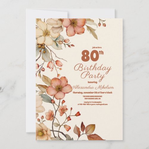 Boho Wildflowers 80th Birthday Invitation