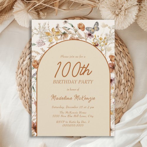 Boho Wildflowers Arch 100th Birthday Invitation