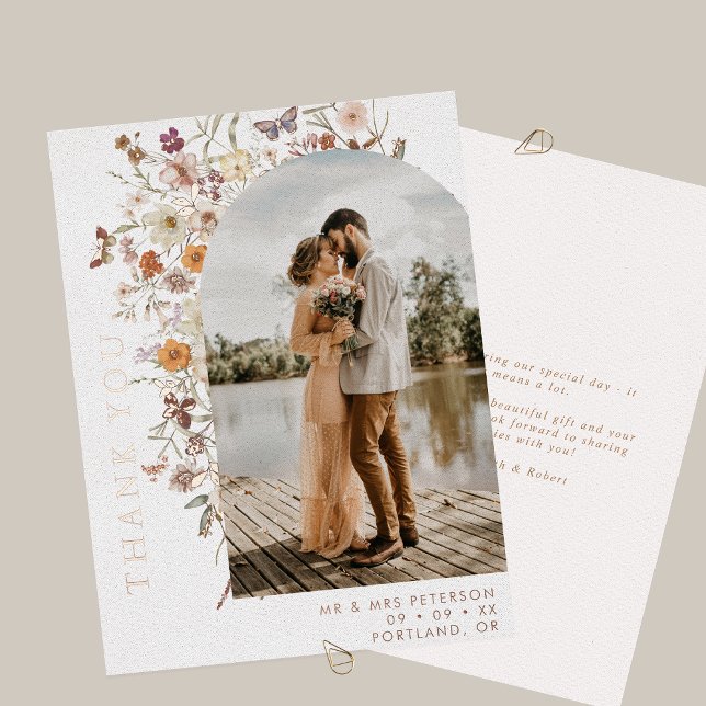 Boho Wildflowers Arch Photo Fall Wedding Thank You Foil Invitation (Creator Uploaded)