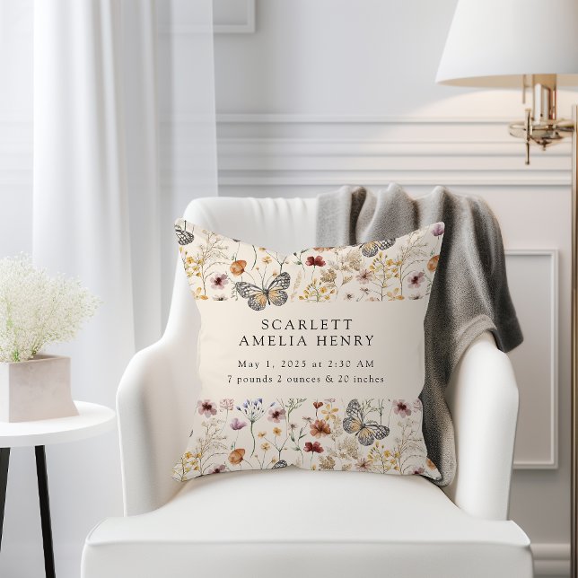 Boho Wildflowers Baby Birth Stats Throw Pillow (Boho Wildflowers Butterflies  Baby Birth Stats Throw Pillow by Painted Paperie
)