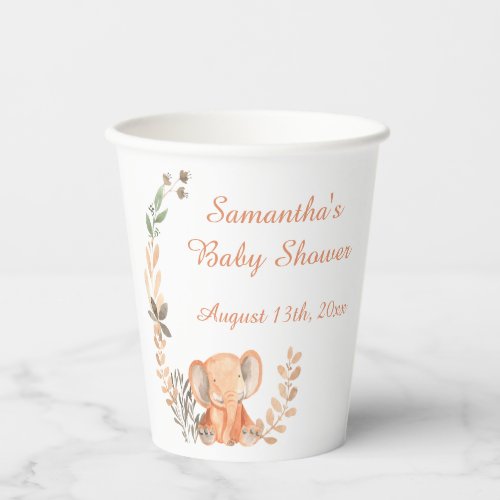 Boho Wildflowers Baby Elephant Baby Shower Paper Cups