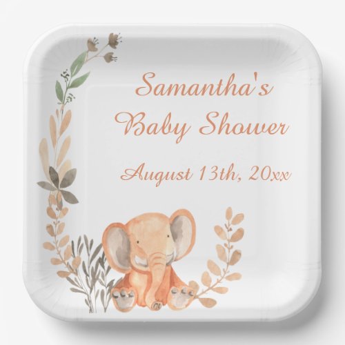 Boho Wildflowers Baby Elephant Baby Shower Paper Plates