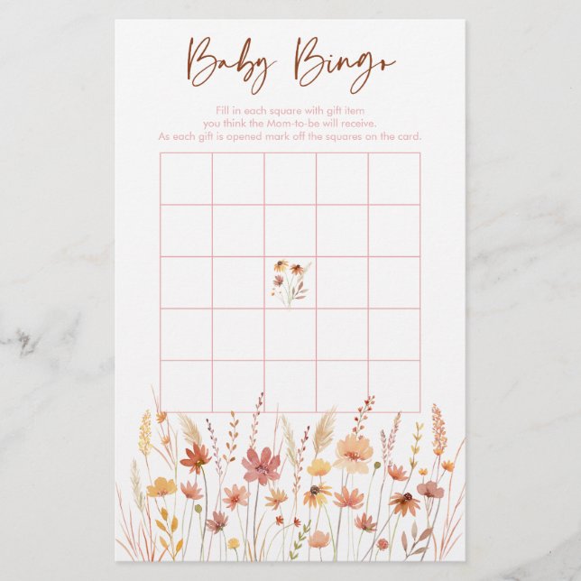 Boho Wildflowers Baby Shower Bingo Game (Front)