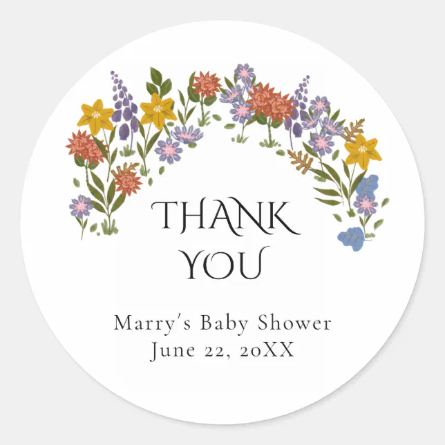 Boho Wildflowers Baby Shower Thank You Classic Round Sticker | Zazzle