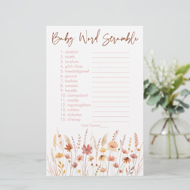Boho Wildflowers Baby Shower Word Scramble Game (Standing Front)