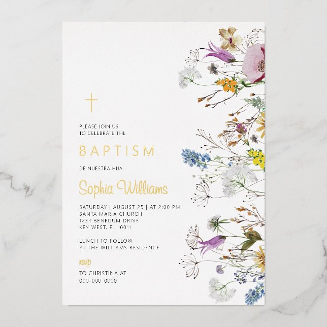 Boho Wildflowers Baptism Foil Invitation (Front)