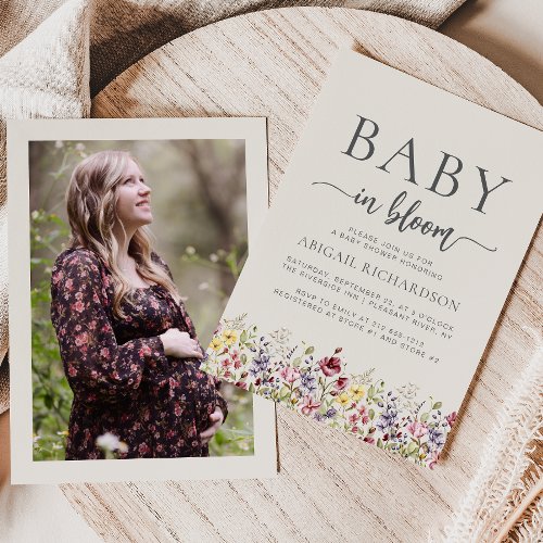 Boho Wildflowers Beige Photo Baby Shower Invitation