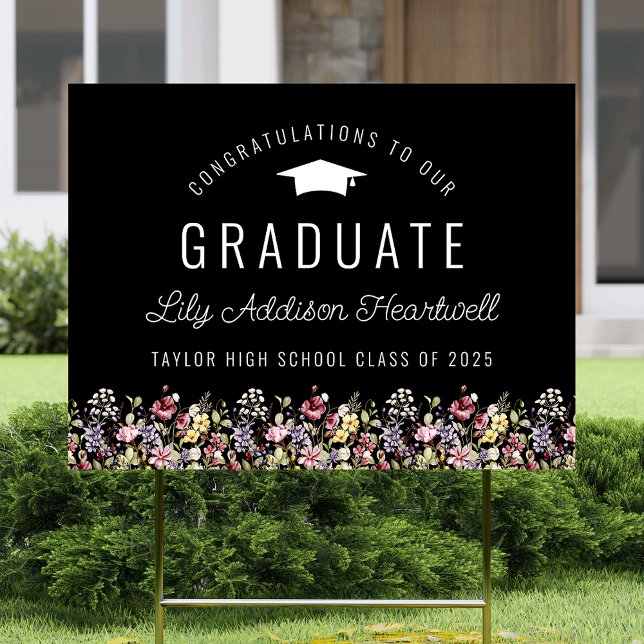 Boho Wildflowers Black Graduation Yard Sign (Creator Uploaded)