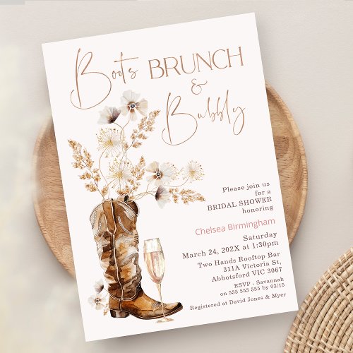 Boho Wildflowers Boots Brunch Bubbly Bridal Shower Invitation