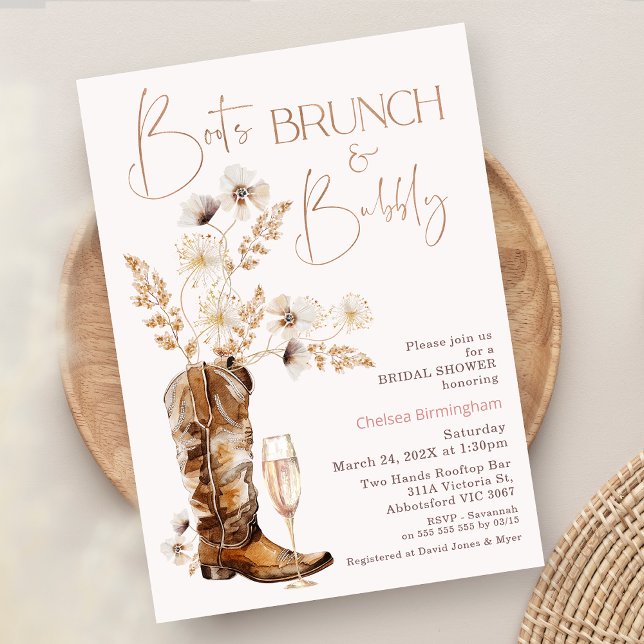 Boho Wildflowers Boots Brunch Bubbly Bridal Shower Invitation (Boho Floral Boots Brunch Bubbly Bridal Shower Invitation, Wildflowers Boots Bubble Bridal Shower)