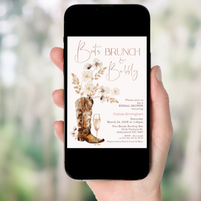 Boho Wildflowers Boots Brunch Bubbly Bridal Shower Invitation (Front Digital)