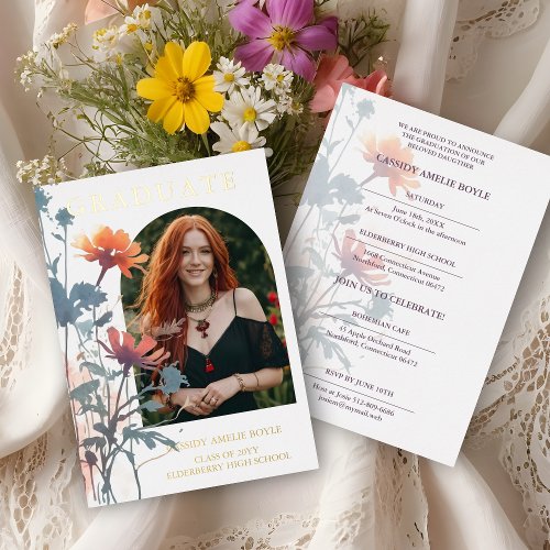 Boho Wildflowers Bunch Photo Modern Arch Graduate Foil Invitation