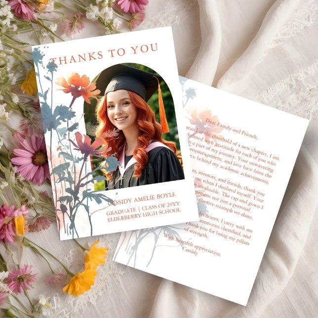 Boho Wildflowers Bunch Photo Modern Arch Graduate Thank You Card (Boho Wildflowers Bunch Photo Modern Arch Frame Graduate Thank You Card.)