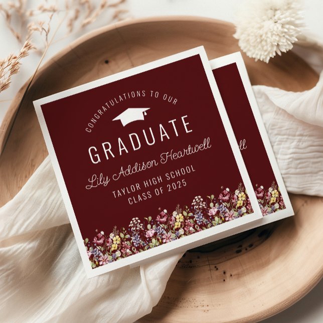 Boho Wildflowers Burgundy Graduation Party Napkins (Creator Uploaded)