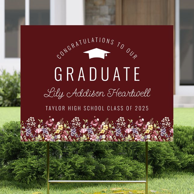 Boho Wildflowers Burgundy Graduation Yard Sign (Creator Uploaded)