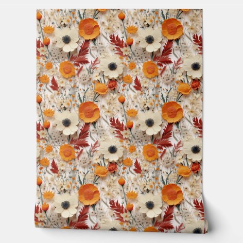 Boho wildflowers burn orange fall colors floral wallpaper 