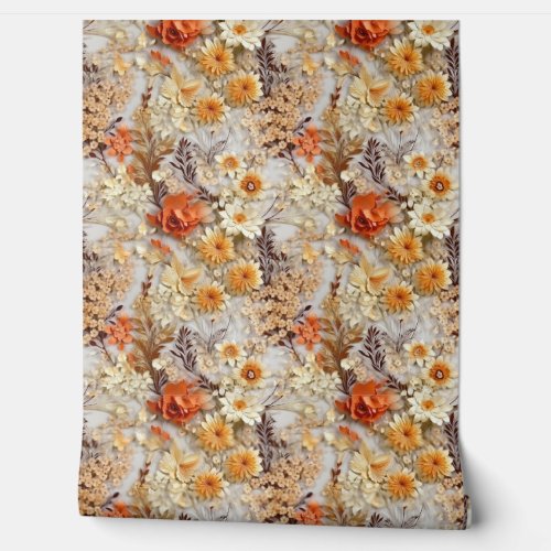 Boho wildflowers burn orange fall colors floral wallpaper 