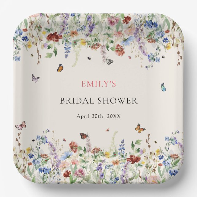 Boho Wildflowers Butterflies Bridal Shower Paper Plates (Front)