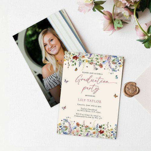 Boho Wildflowers  Butterflies Photo Graduation Invitation