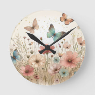 Boho Wildflowers & butterflies Round Clock