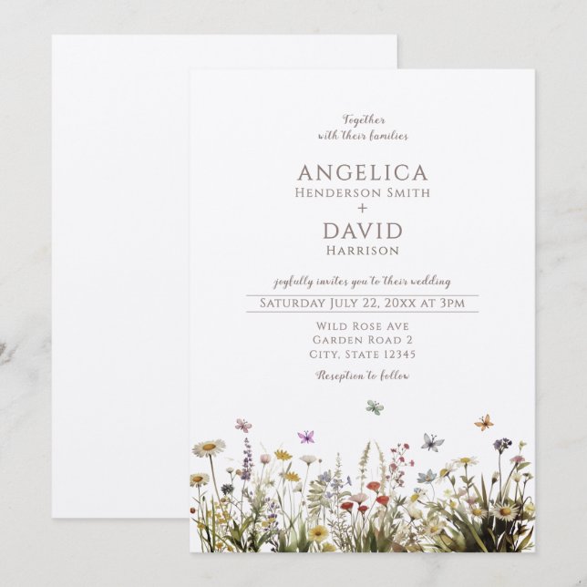 Boho Wildflowers Butterflies Wedding  Invitation (Front/Back)