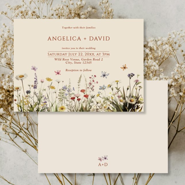 Boho Wildflowers Butterflies Wedding Invitation (Creator Uploaded)