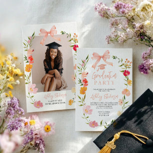 Boho Wildflowers Coquette Bow photo graduation Invitation