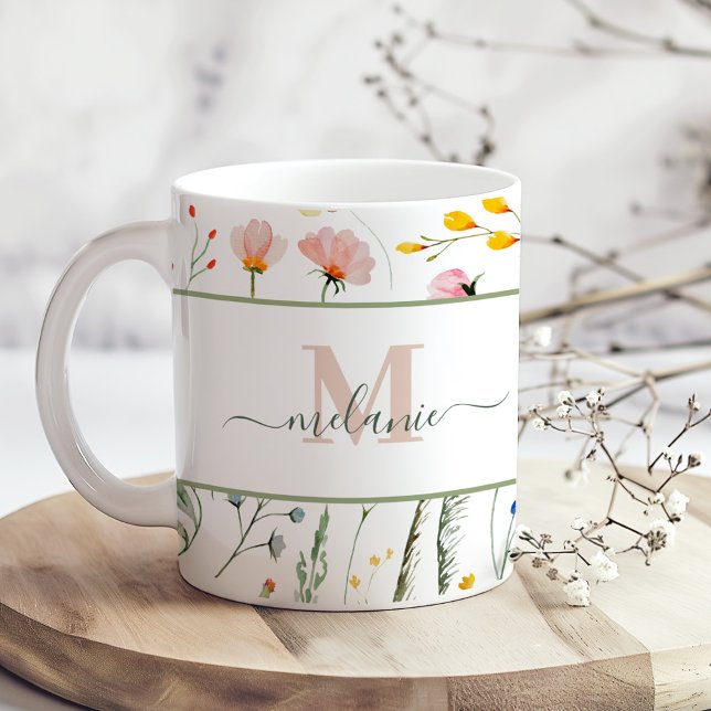 Boho Wildflowers Custom Name Monogram Coffee Mug (Boho Wildflowers Custom Name Monogram Coffee Mug on a sunny boho wooden kitchen table.)