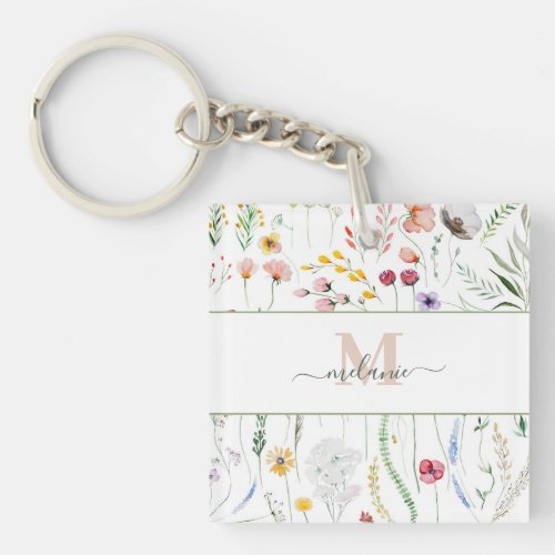 Boho Wildflowers Custom Name Monogram Keychain