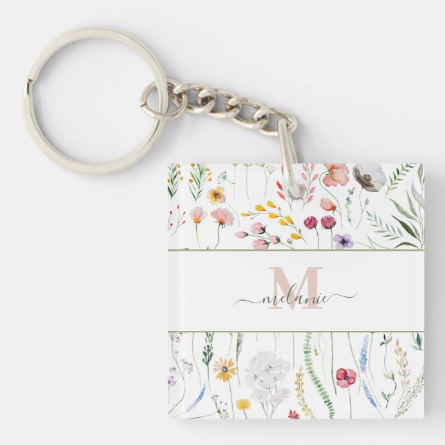 Boho Wildflowers Custom Name Monogram Keychain (Front)