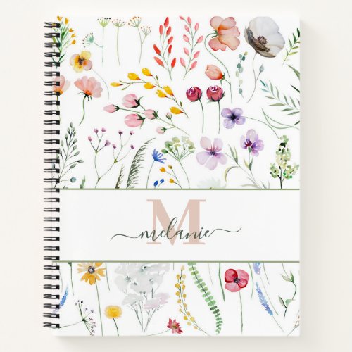 Boho Wildflowers Custom Name Monogram Notebook