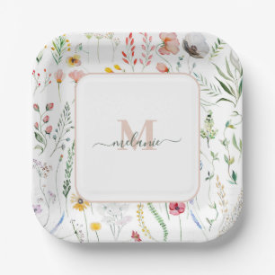 Boho Wildflowers Custom Name Monogram Paper Plates