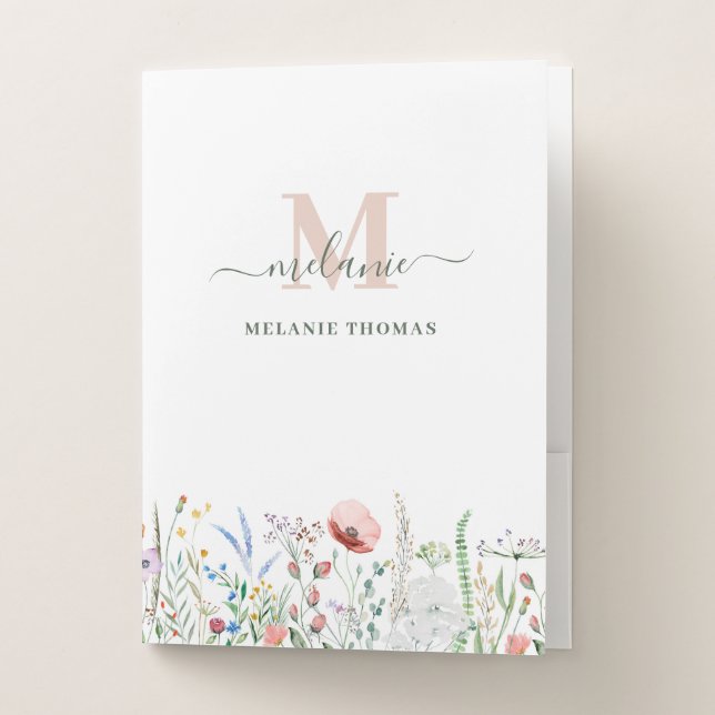 Boho Wildflowers Custom Name Monogram Pocket Folder (Front)