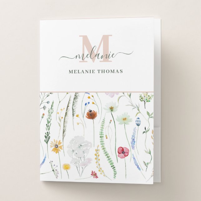 Boho Wildflowers Custom Name Monogram Pocket Folder (Front)