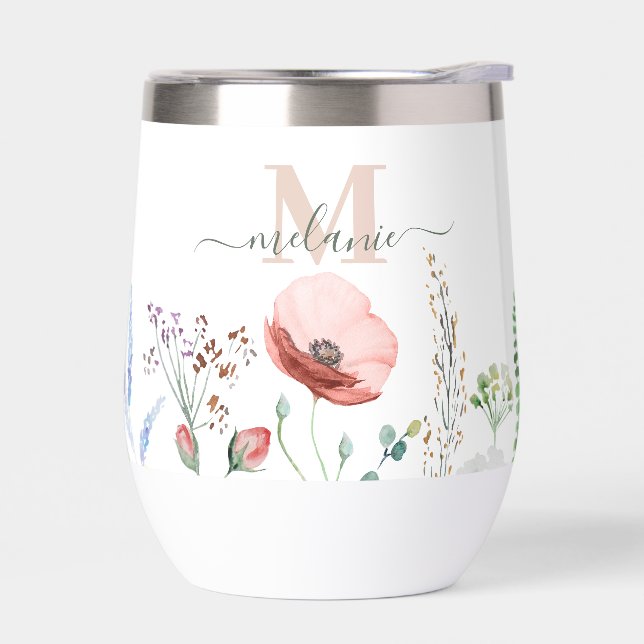 Boho Wildflowers Custom Name Monogram Thermal Wine Tumbler (Left)