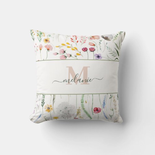 Boho Wildflowers Custom Name Monogram Throw Pillow