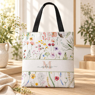 Boho Wildflowers Custom Name Monogram Tote Bag