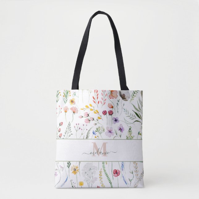 Boho Wildflowers Custom Name Monogram Tote Bag (Front)