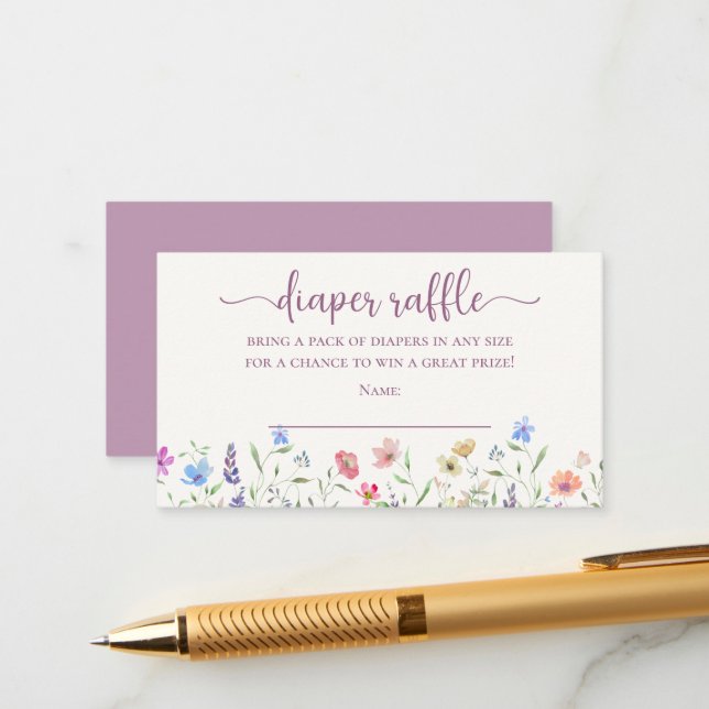 Boho Wildflowers Diaper Raffle Baby Shower Enclosure Card (Front/Back In Situ)