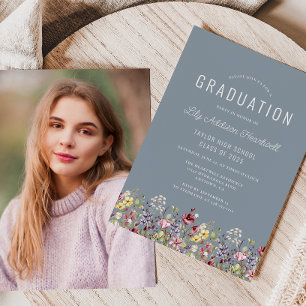 Boho Wildflowers Dusty Blue Photo Graduation Invitation