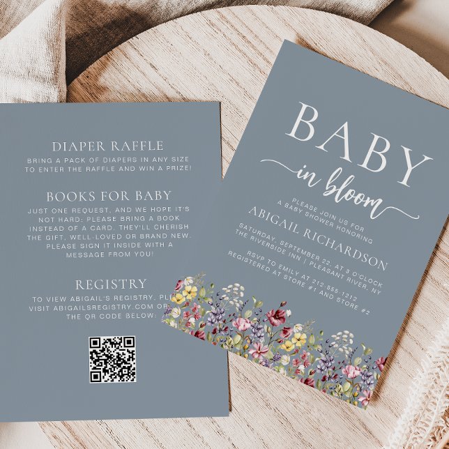Boho Wildflowers Dusty Blue QR Code Baby Shower Invitation (Creator Uploaded)