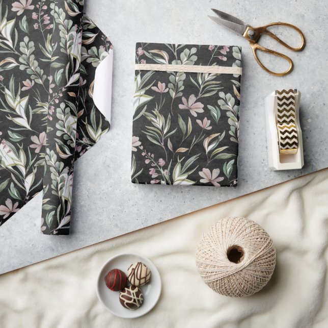 Boho Wildflowers Dusty Pink Sage Green Black Wrapping Paper (Crafts)