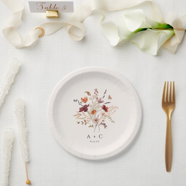Boho Wildflowers Elegant Fall Wedding Cake Paper Plates (Wedding)