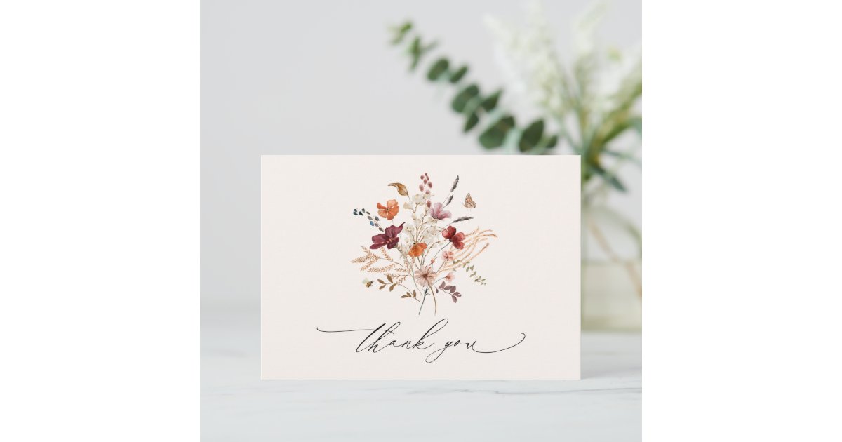 Boho Wildflowers Elegant Fall Wedding Thank You Card | Zazzle