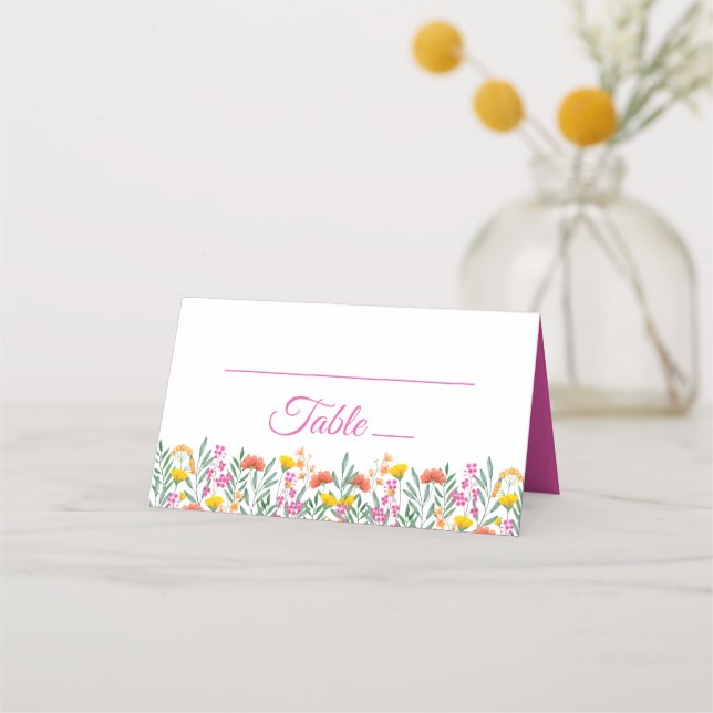 Boho Wildflowers Elegant Pink Wedding Floral  Place Card (Front)