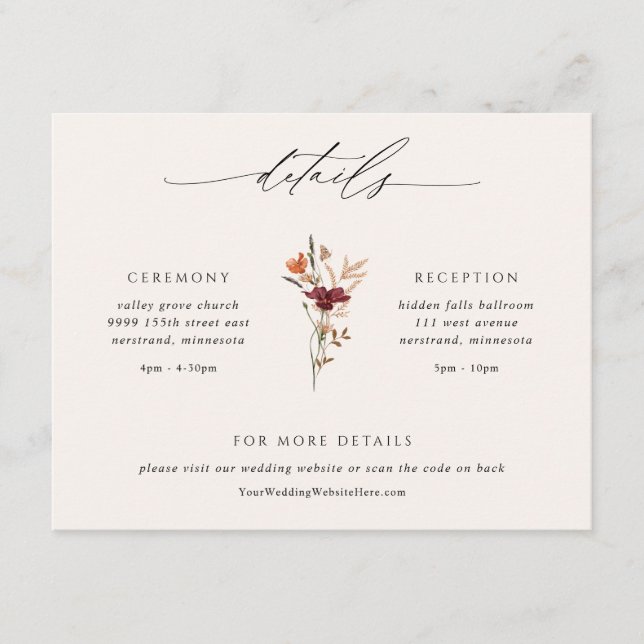Boho Wildflowers Fall Wedding Details Enclosure Card (Front)