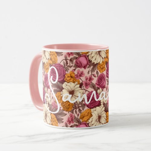 Boho Wildflowers Floral Monogram Blush Pink Yellow Mug